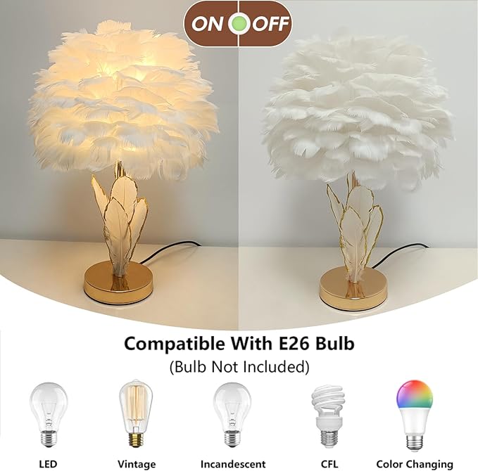 Chic White Feather Lamp Creative Furry Table Lamp Modern Feather Desk Lights Romantic Princess Bedside Nightstand Light for Teen Girls Bedroom Decoration Living Room Wedding Kids Room - Bloomnest