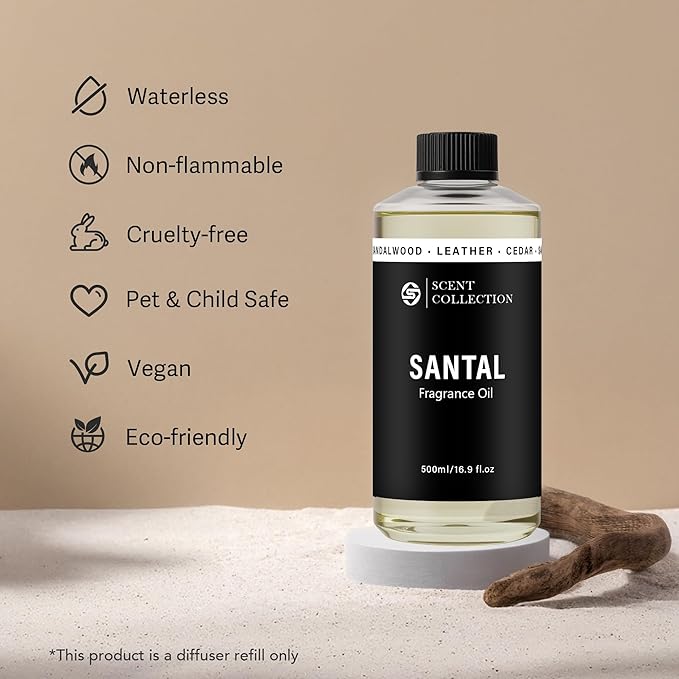 Luxury Hotel Scent Santal Diffuser Oil Waterless Essential Aromatherapy for Cold Air & Car Diffusers – Long Lasting Refill for Large Room & Home - Signature Sandalwood (500ml/16.9Fl oz) - Bloomnest