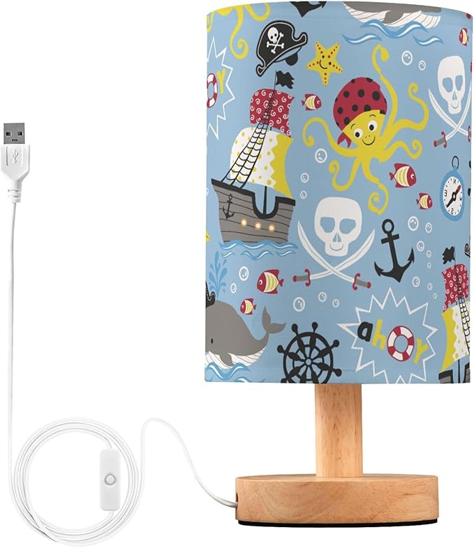 Table Lamp Pirate Marine Animal Octopus Whale Fish Nautical Skull Nightstand Lamp with Wood Base Fabric Lamp Shade Bedside Desk Lamp for Living Room Bedroom Kids Room Office - Bloomnest