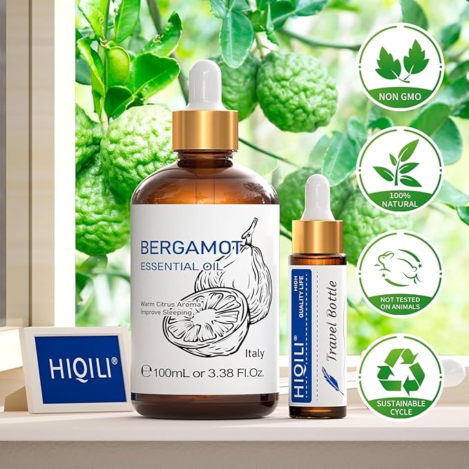 HIQILI Bergamot Essential Oil for Diffuser, Skin, Hair, DIY, 100% Pure & Natural - 3.38 Fl Oz (100 mL) - Bloomnest