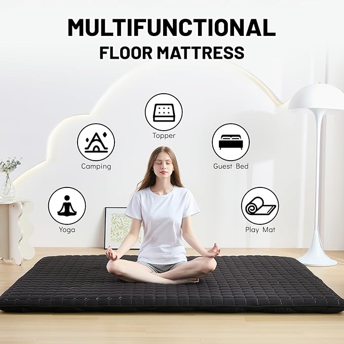 Japanese Floor Mattress Full, Anti-Slip Japanese Futon Foldable Tatami Mat for Guests, Black - Bloomnest