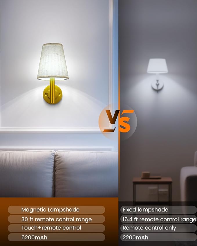Rechargeable Wall Sconces Gold with Remote Control, 5200mAh Battery Operated Wall Lights, Wireless 16 Colors Timer & Dimmable Battery Wall Lamp for Bedroom, Living Room, Hallway - Bloomnest