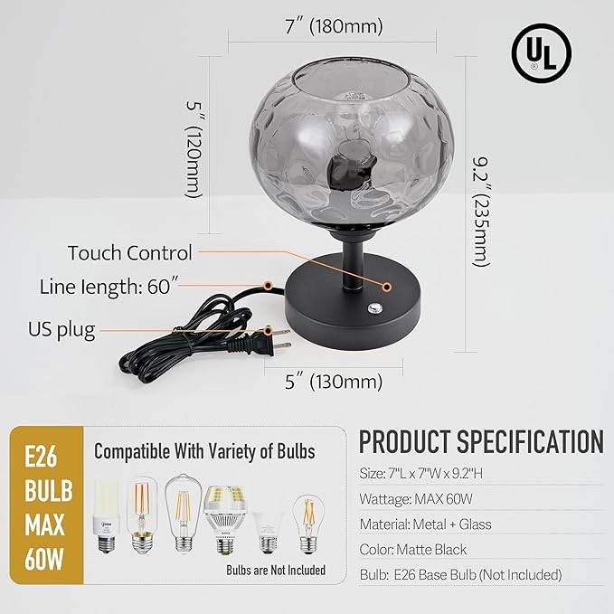 Touch Control Hammered Glass Table Lamp Matte Black Portable Dimmable Brightness Small Nightstand Light 3-Way Stepless Dimming Bedside Bedroom Living Room - Bloomnest