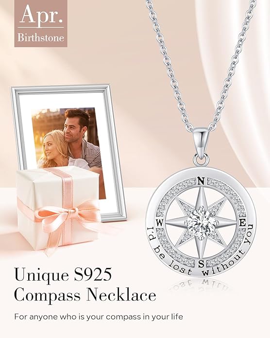 S925 Necklace Gift for Wife |Compass Jewelry |Women Anniversary |Sterling Silver |Girlfriend Birthday Gifts for Her Valentines |I'd be Lost without You |Jewel 18K Gold - Bloomnest