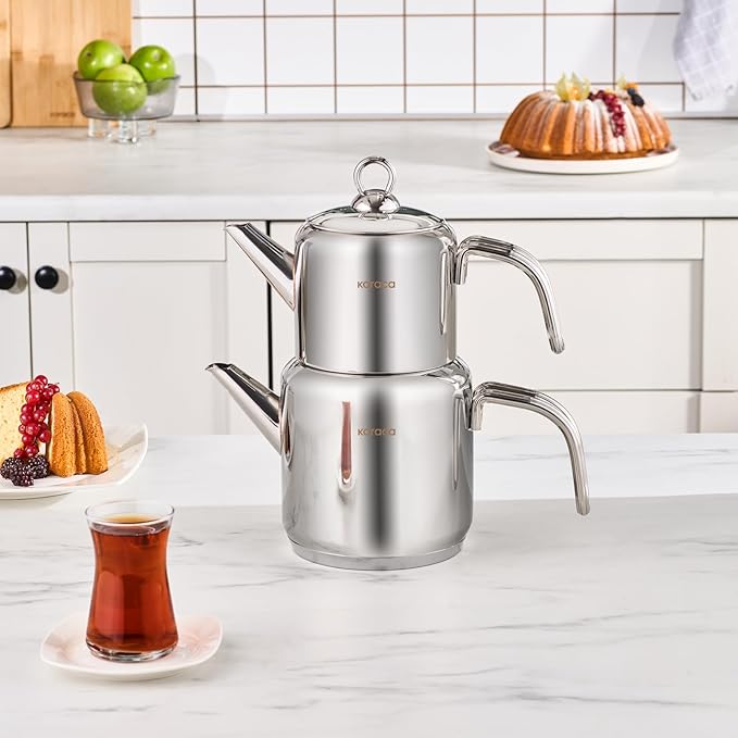 Karaca New Mani Turkish Tea Set for Stovetop, Induction Base Stainless Steel Tea Maker (1L Teapot & 2L Tea Kettle), Dishwasher Safe, Non-Burning Handles Samovar Style - Bloomnest