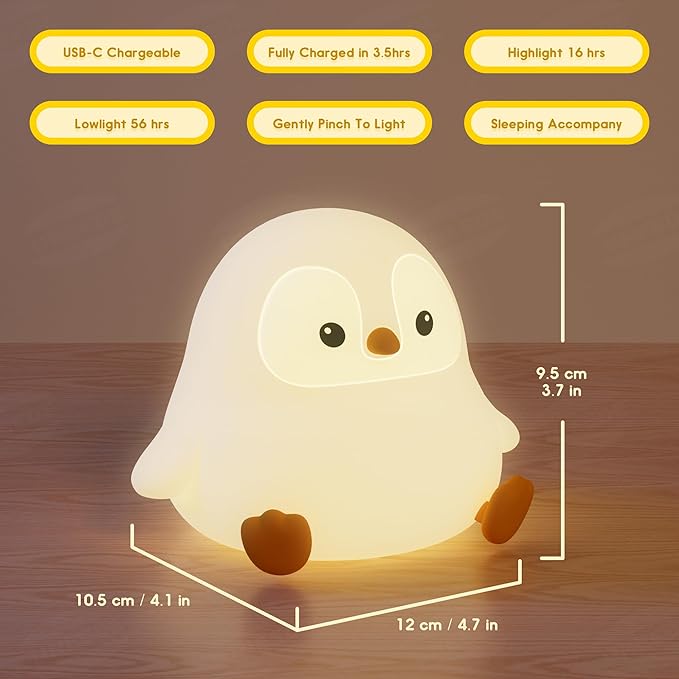 UNEEDE Sitting Penguin Night Light with Removable Floppy Bunny Ears - Silicone Touch Lamp, USB Rechargeable, Dimmable Nursery Light for Kids & Holiday Decor - Bloomnest