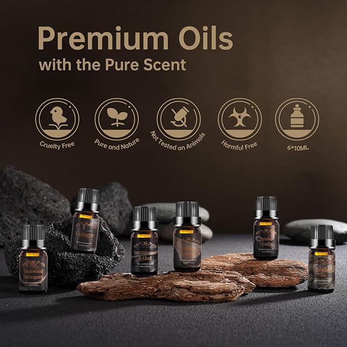 Men Essential Oils Set - 6 Premium Fragrance Oils for Diffusers for Home, Candles & Aromatherapy | Leather, Sandalwood, Cologne, Smoke Vanilla, Oak, Mahogany Scents | Gift Set for Men, Father's Day - Bloomnest