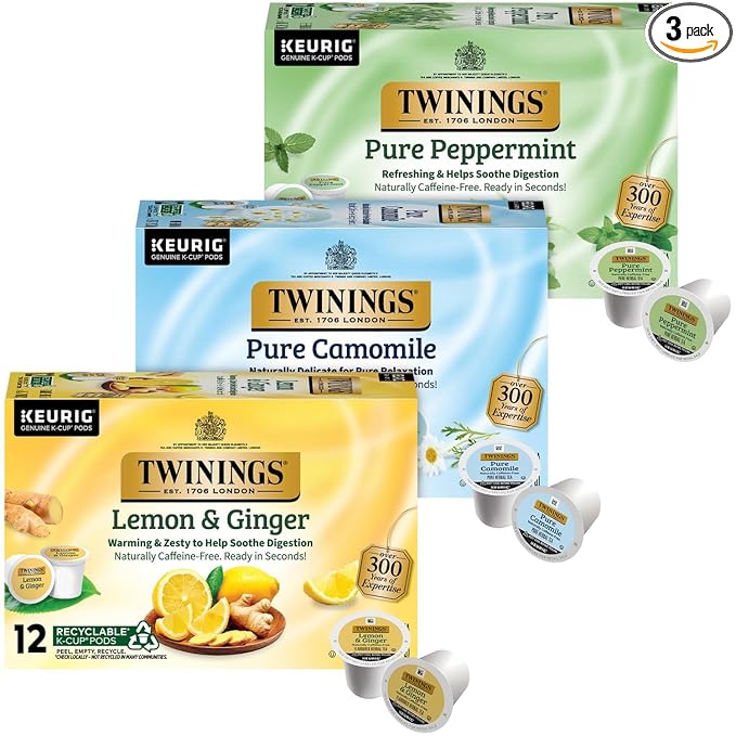 Twinings Herbal Tea K-Cup Pods for Keurig, Variety 3-Pack – Pure Peppermint, Pure Camomile + Lemon & Ginger Tea K-Cups, Naturally Caffeine-Free, 12 Count Each - Bloomnest