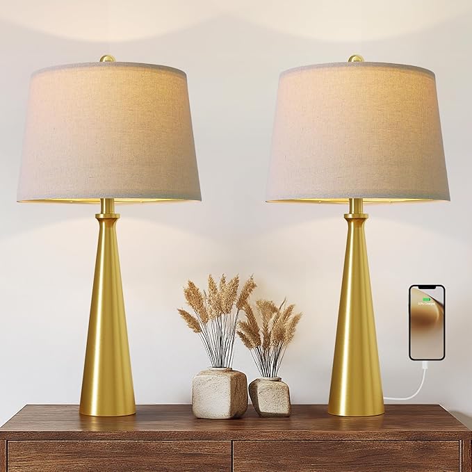 Oneach 25.75" Modern Table Lamp Set of 2, Bedside Lamps with USB Ports, Brass Gold Nightstand Lamps Set for Living Room Bedroom House Bedside Home Office Family - Bloomnest