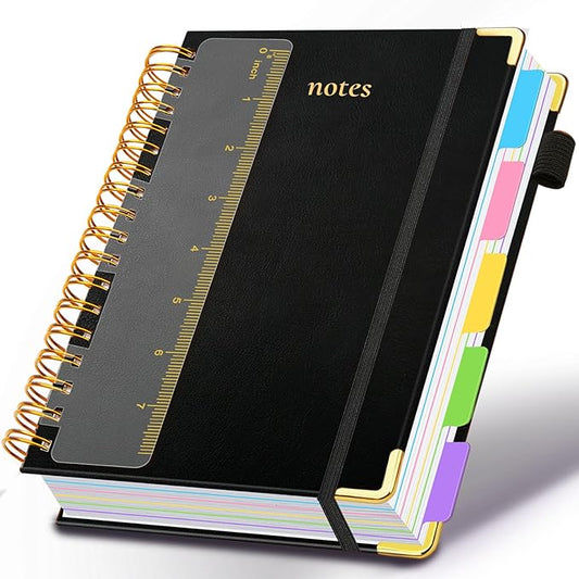 Hardcover Spiral Notebook 6.2"x 8.2" Journal Notebook with Tabs and Removable Dividers 300 Pages 5 Subject Notebook College Ruled, Faux Leather Spiral Bound Notebook for Women School Work (Black) - Bloomnest