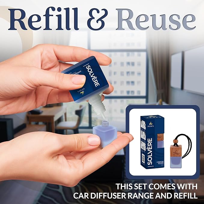 Solvère Gift Set with Refill Bottle | Automotive Air Fresheners with Solvère Fragrance | Strong Car Perfume | Odour Eliminating Car Air Fresheners by Perfa - Bloomnest