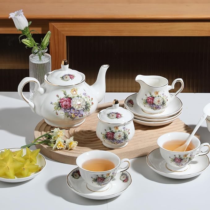 Sweejar Ceramic Teapot with Infuser, Floral Relief Gold Rimmed Teapot, 29 OZ Porcelain Tea Pot for Blooming and Loose Tea, Coffee...(Flower Style) - Bloomnest