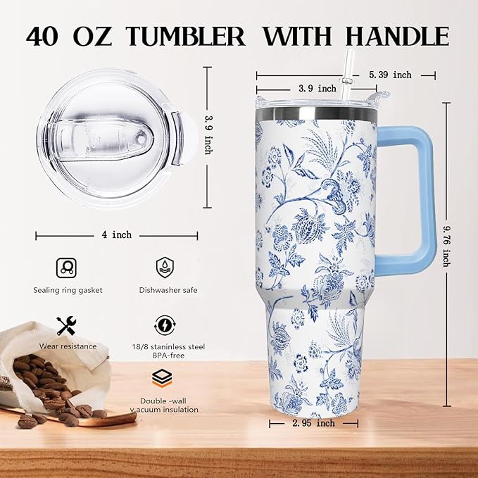 Ceovfoi 40 Oz Boho Flower Tumbler With Handle, Boho Floral Coffee Travel Mug Cup Water Bottle, Floral Gifts for Women - Bloomnest