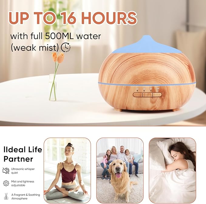 HAPPTWS 500ML Essential Oil Diffuser - BPA Free Ultrasonic Aromatherapy Diffuser, with 7-Color Lights - Waterless Auto Shut Off - Yellow HAPPTWS