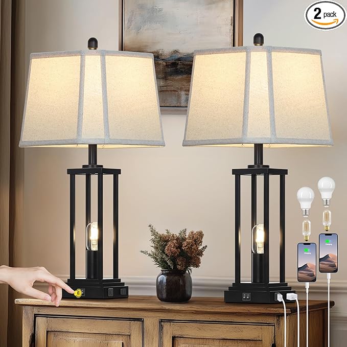 27" Tall Farmhouse Table Lamps with Bell Lampshade, Black Industrial Living Room Lamps Set of 2 with Night Light, Rustic Bedside Lamp with USB C+A Port & AC Outlet, Vintage Bedroom Lamp for Nightstand - Bloomnest