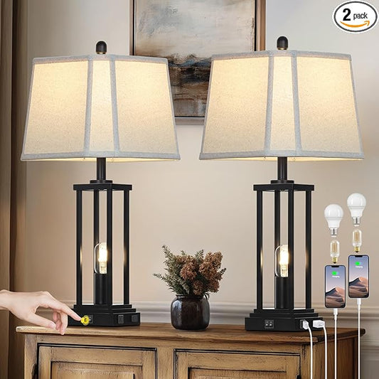 27" Tall Farmhouse Table Lamps with Bell Lampshade, Black Industrial Living Room Lamps Set of 2 with Night Light, Rustic Bedside Lamp with USB C+A Port & AC Outlet, Vintage Bedroom Lamp for Nightstand - Bloomnest