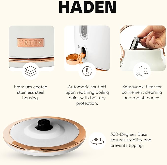 Haden Heritage 1.7 Liter Stainless Steel Electric Kettle, Hot Water Kettle with 360-Degree Base and Auto Shutoff, Ivory & Copper - Bloomnest