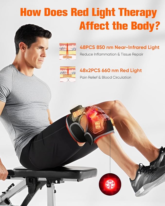 3D Red Light Therapy Knee Brace - FSA Eligible HSA Cordless 5000mAh Knee Massager with 4 Vibration Areas, 660nm&850nm, Near Infrared Light Heated Device for Knee Elbow Shoulder Pain - Bloomnest