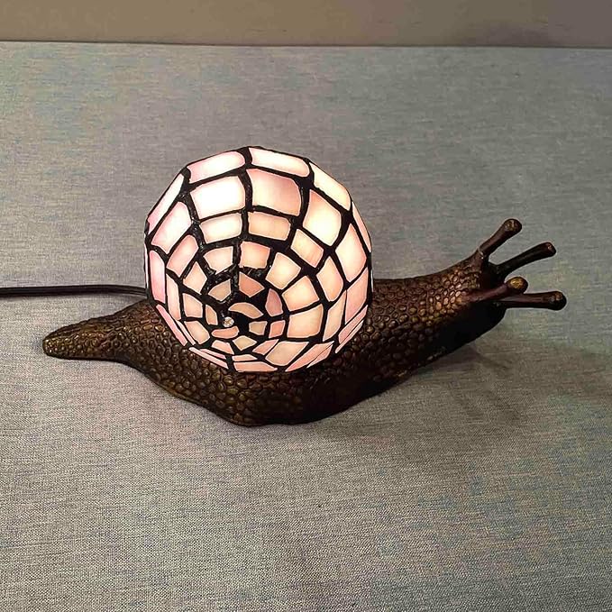 Bieye L10962 Land Snail Tiffany Style Stained Glass Accent Table Lamp for Home Decoration (Pink, 10" D x 5" W x 5" H) - Bloomnest