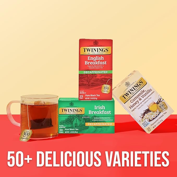 Twinings Decaffeinated English Breakfast Black Tea Individually Wrapped Bags, 25 Count (Pack of 6), Flavourful, Robust, Enjoy Hot or Iced, 150 Teabags - Bloomnest