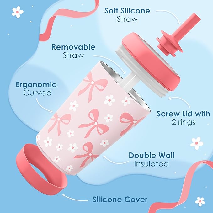 Kid Insulated Stainless Steel Tumbler with Silicone Straw, 12oz Sippy Cup for Kids (Pink Bows) - Bloomnest
