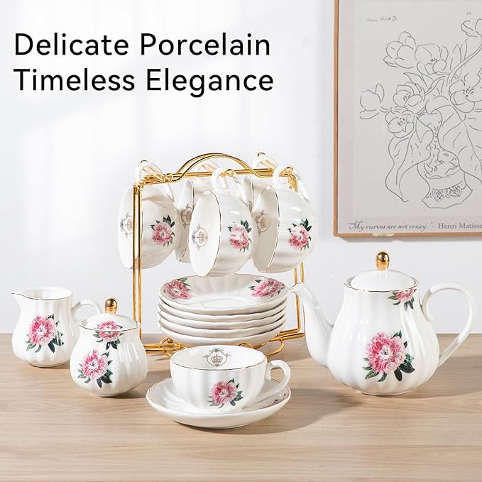 Porcelain Tea Sets British Royal Series, 8 OZ Cups & Saucer Service for 6, with Teapot Sugar Bowl Cream Pitcher Teaspoons and Tea Strainer, Suitable for High Tea, Wedding, Party - Bloomnest