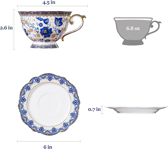 ACMLIFE Bone China Tea Cups and Saucers, 6.8 oz Tea Cup and Saucer Set, with Gold Trim and Gift Box, Blue and White (Blue-D) - Bloomnest