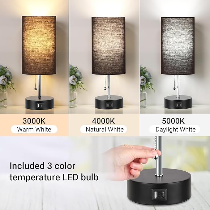 3-Color Temperature Bedside Lamp Nightstand Lamp with USB A Port and C Port, Table Lamp for Bedroom with LED Bulb Small Lamps for Living Room (Black) - Bloomnest