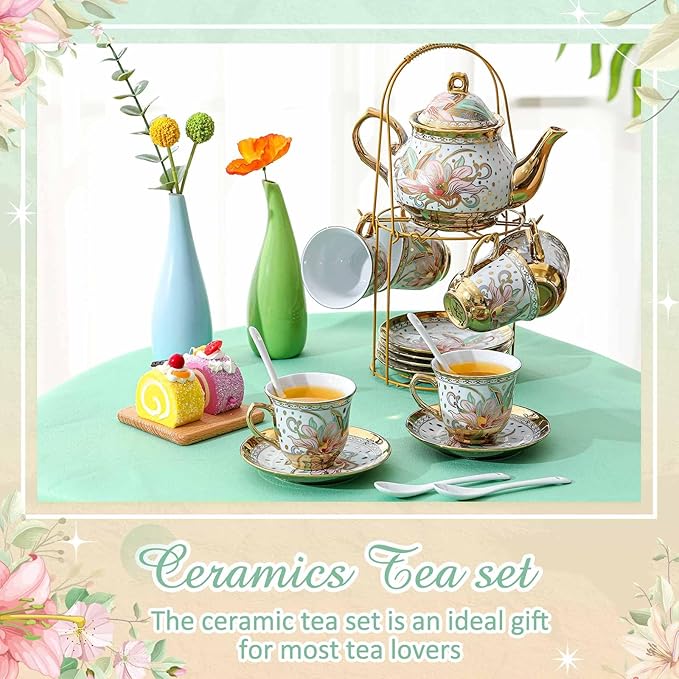 Zhehao 20 Pcs Porcelain Tea Set with Metal Holder and Spoon Adult Ceramic Tea Set European Flower Painting Teapot Cup Saucer Spoon for Women, Large Version(Traditional Style) - Bloomnest