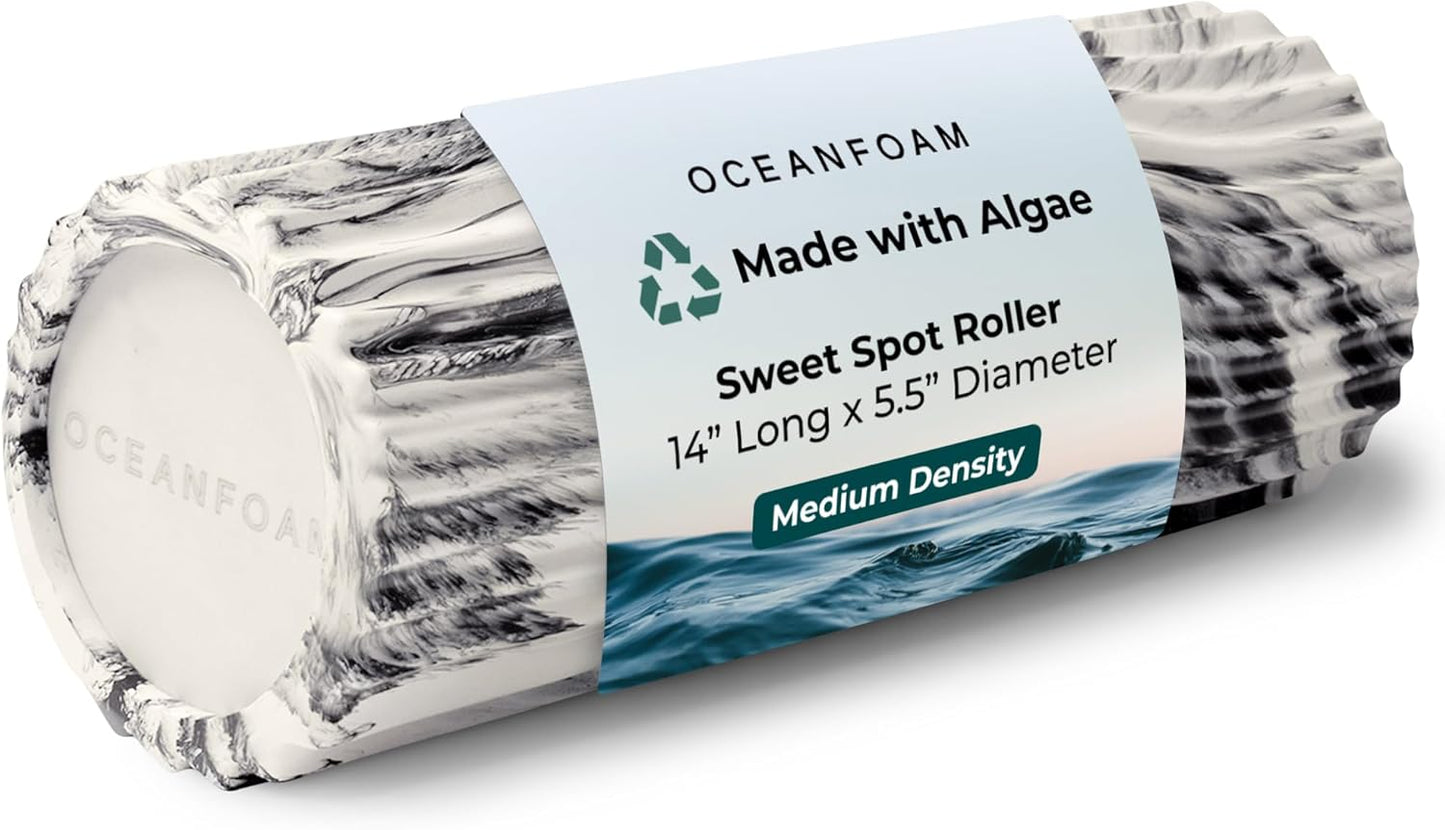 Oceanfoam Sweet Spot Medium Exercise Foam Roller 14"x5.5" – Medium Density Foam Roller for Physical Therapy, Deep Tissue Massage, Yoga, Pilates, Classic Exclusive Wave Texture (Black Marbled)