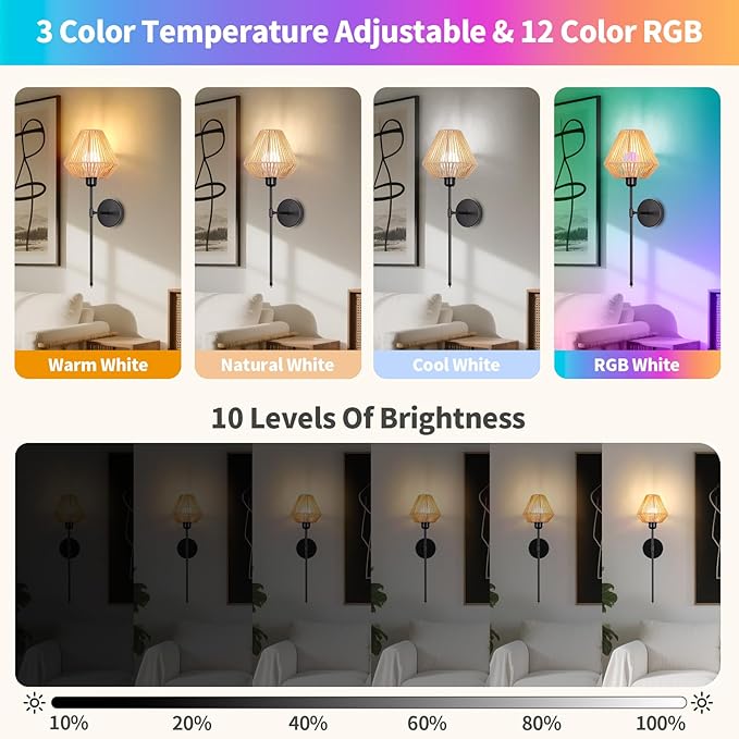 Battery Operated Wall Sconces Set of 2,Rattan Rechargeable Wall Light Dimmable with Remote Control,15 Color Changing and Timer,Boho Black Gold Wall Lamps for Bedroom,Living Room - Bloomnest