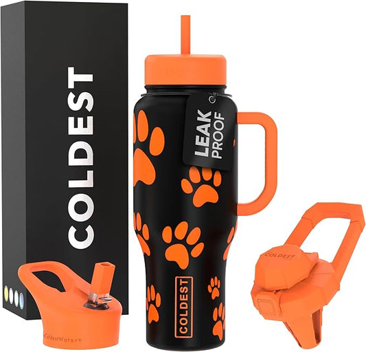 Coldest Tumbler with Handle and Straw, 100% Leak Proof Insulated Tumbler with Lid and Straw (3 Lids), Stainless Steel Tumblers for Women & Men, Cup Holder Friendly Base, 36 oz (Pumkin Paws) - Bloomnest