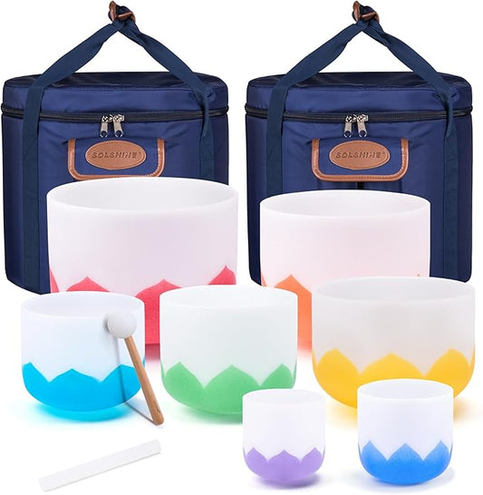 432Hz 6-12 Inch Set of 7 Lotus Quartz Crystal Singing Bowls with Gradient Colored Design, 2 Travel Carry Case Bags and Resonance Striker for Meditation and Sound Therapy - Bloomnest