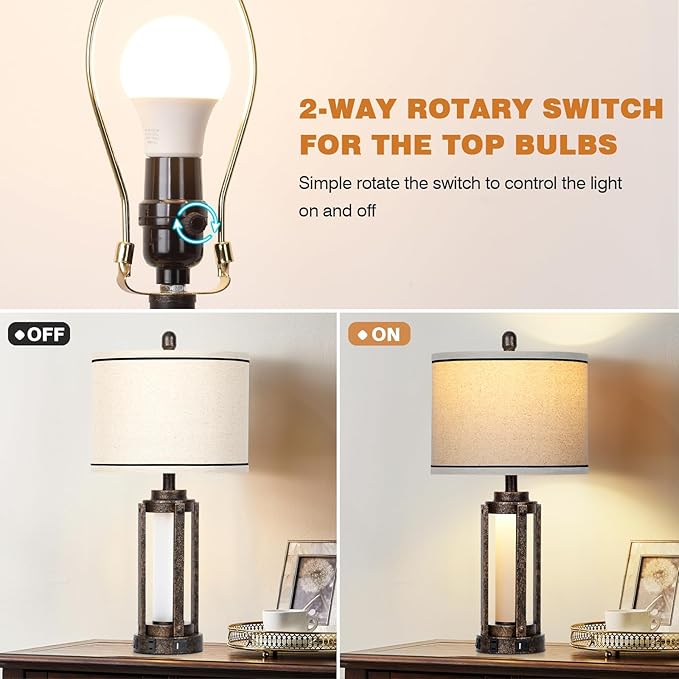 Farmhouse Lamps with USB A+C Charging Ports & AC Outlet, Rustic Vintage Industrial Table Lamps Metal Lamp with Glass LED Night Light & Beige Fabric Shade for Living Room Bedrooms Nightstand Bronze - Bloomnest