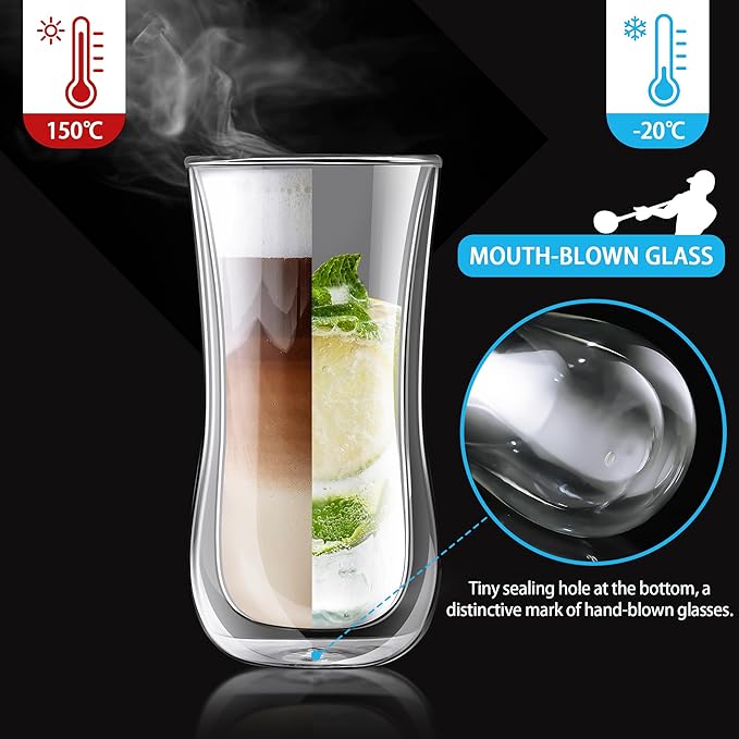 Joeyan Glass Double Walled Beer Drinking Glasses Tumbler, Double Layer Tall Borosilicate Insulated Water Cocktail Glass Cups, Double Lined Thermo Tea Coffee Hot Beverage Glassware 12 oz, Set of 2 - Bloomnest