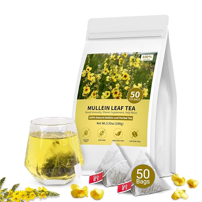 Mullein Tea Bags for Lungs, 100% Pure Mullein Leaf Tea for Lungs Cleanse and Respiratory Support, Caffeine Free, No Additives, Non-GMO (1 Pack/50 Bags) - Bloomnest