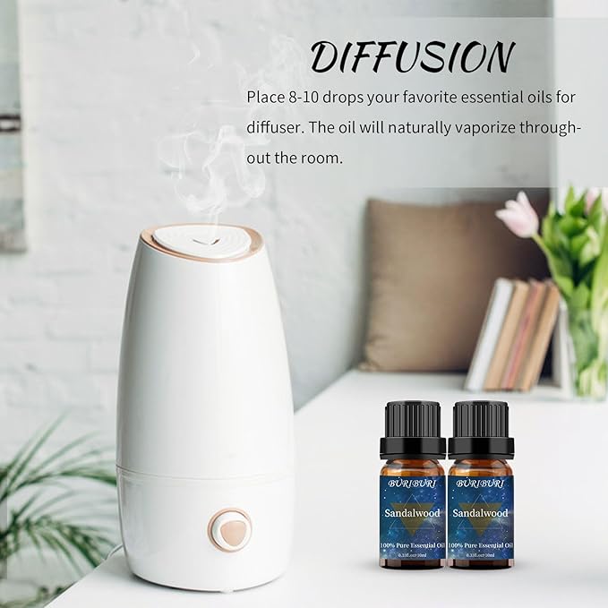 Sandalwood Essential Oil 2Pack for Massage, Diffuser, Humidifier - 100% Pure Sandalwood Oil 10ml BURIBURI