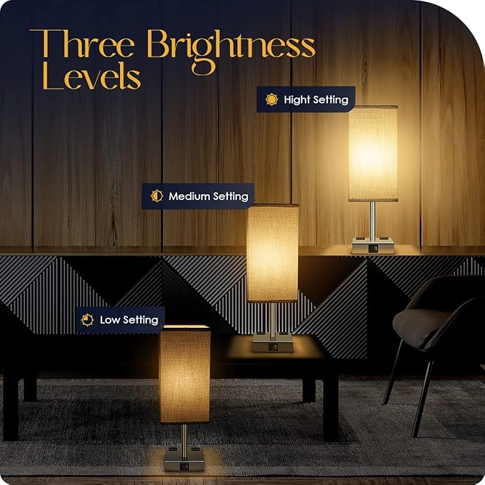 Bedside Lamp with USB Ports - Touch Control Table Lamp for Bedroom with USB C+A Charging Ports & AC Outlets, 3 Way Dimmable Nightstand Light for Living Room (LED Bulb Included, Chrome - Grey) - Bloomnest