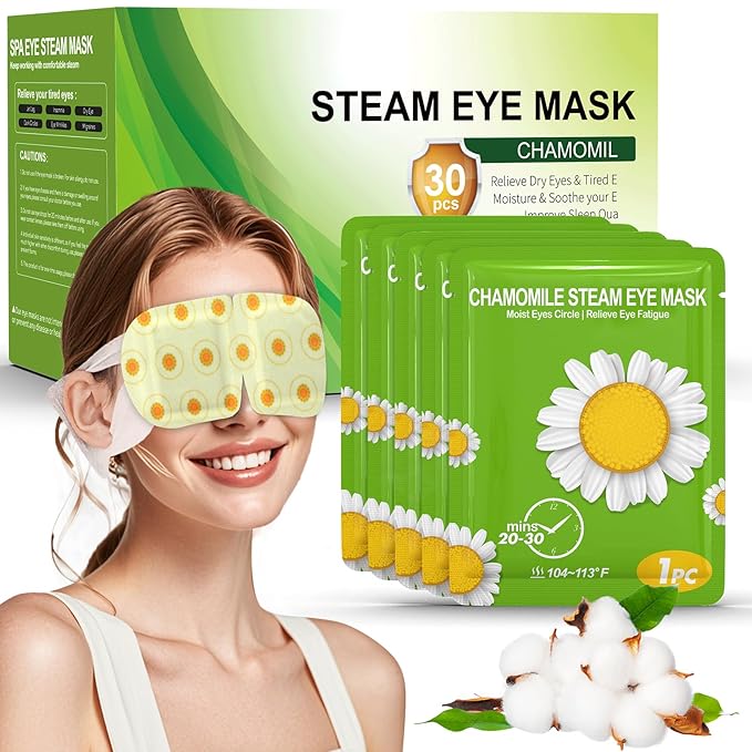 30 Packs Steam Eye Mask Chamomile,Warm Compress for Dry Eyes Sleep Mask,Hot Auto Heated Eye Masks Relaxing Gifts for Women Moist Heat Soothing Eye Fatigue,Disposable Eye Mask for SPA Essentials - Bloomnest