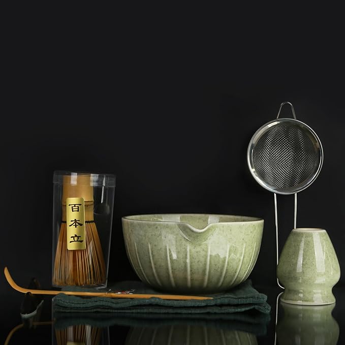 Matcha Bowl and Tea Whisk Set, 7-Piece Collection: 19-ounce ceramic bowl, whisk stand, bamboo scoop with scoop holder, tea strainer, and tea towel. Complete matcha ceremony set. - Bloomnest
