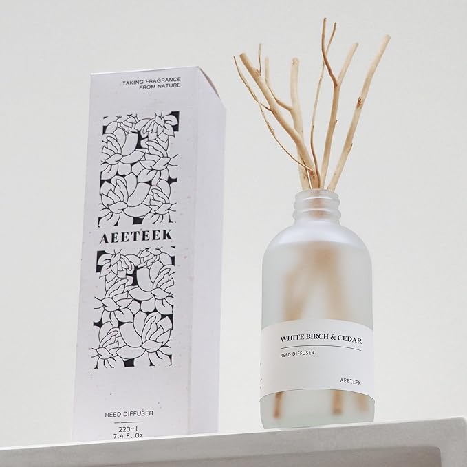 White Birch & Cedar Reed Diffuser, 7.4oz(220ml) Large Bottle Essential Oils, Scented Oil Refill for Waterless Diffuser, Air Freshener for Bathroom with Willow Branches Decor (1-Pack) AEETEEKHOMEFRAGRANCE