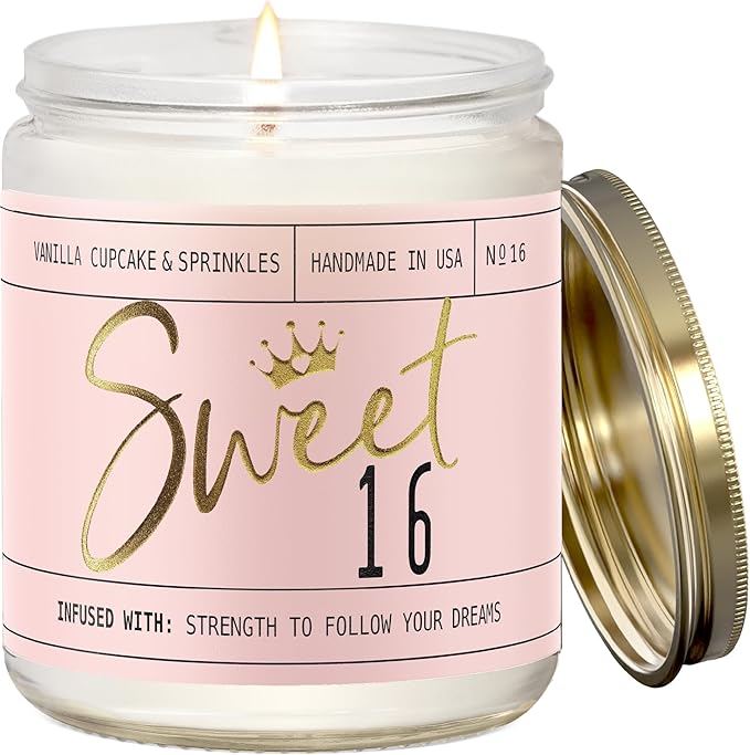 Sweet 16 Gifts for Girls - 'Sweet 16' Soy Candle, w/Vanilla Cupcake & Sprinkles I 16th Birthday Gifts for Girls I Sweet Sixteen Gifts for Girls I 9oz Reusable Jar, 50Hr Burn, Made in USA - Bloomnest