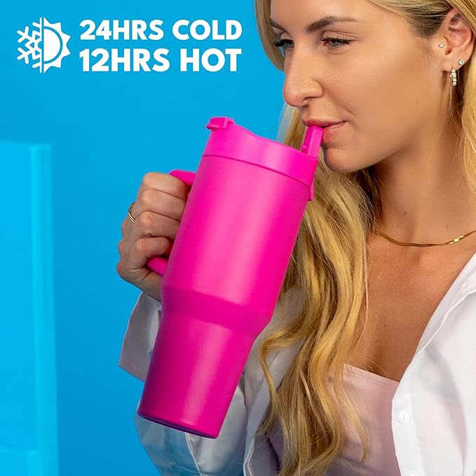 Elemental 32 oz 100% Leak Proof Tumbler with Handle & Straw - Stainless Steel Double Wall Insulated Tumbler for Hot and Cold Beverages - Travel Coffee Mug with Sip & Straw Lid - Hot Pink - Bloomnest