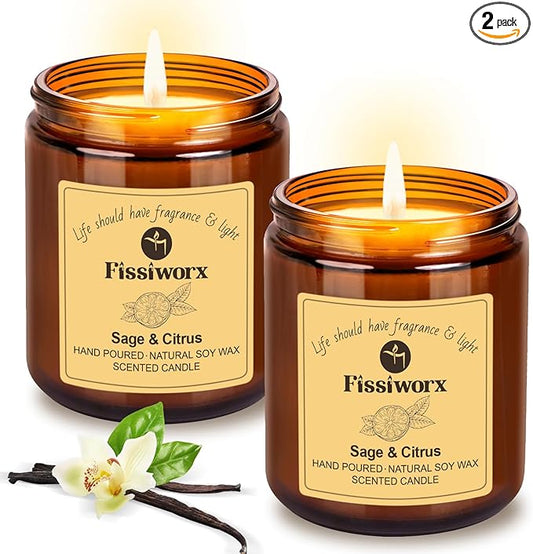 Sage & Citrus Scented Candle Set 2 Pack – Natural Soy Wax Hand-Poured – 60 Hour Long Lasting Burn – Relax and Relieve Stress – Premium Aromatherapy Candle for Home Decor, Gifts - Bloomnest