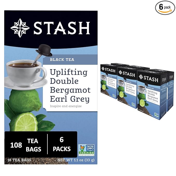 Stash Tea Double Bergamot Earl Grey Black Tea - Caffeinated, Non-GMO Project Verified Premium Tea with No Artificial Ingredients, 18 Count (Pack of 6) - 108 Bags Total - Bloomnest