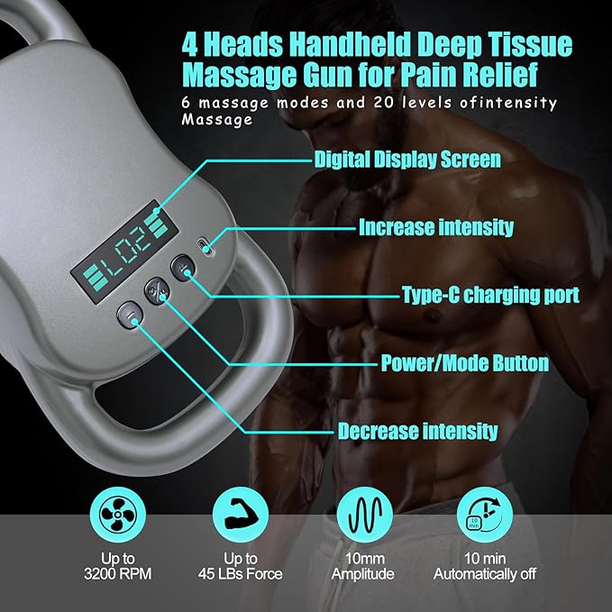 Massage Gun Deep Tissue, 4-Heads Handheld Massager Gun for Back, Shoulder, Leg, Neck, Electric Percussion Massage for Pain Relief, Perfect Gifts, Grey - Bloomnest