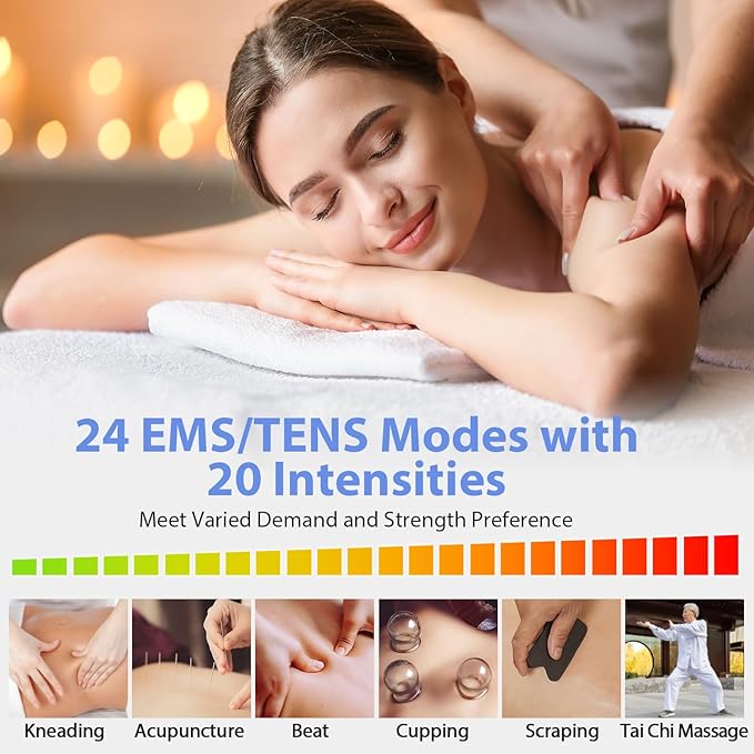 24 Modes Tens Unit Muscle Stimulator, Rechargeable Tens Machine with 8 Electrode Pads (American Gel), Electric Pulse Massager for Pain Relief Therapy（Blue） TECBEAN