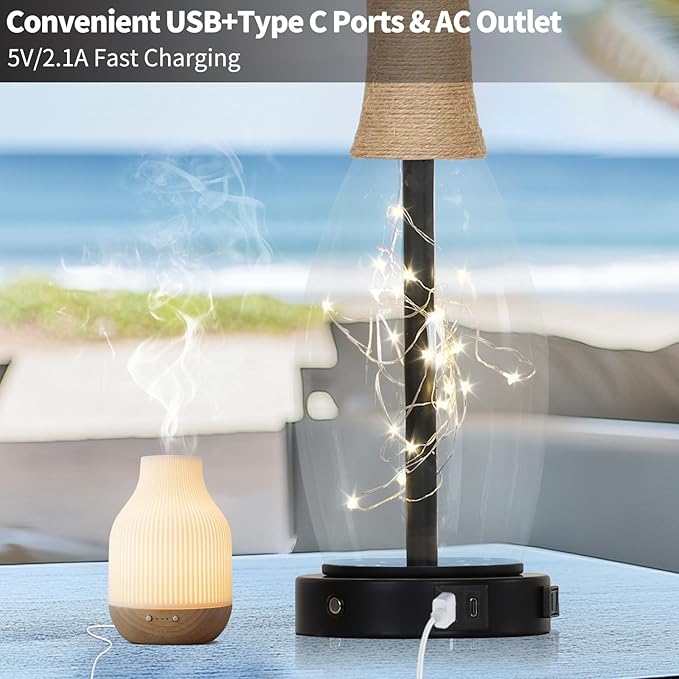 28" Tall Coastal Table Lamps Set of 2, Glass Black Modern Table Lamps with 3-Way Dimmable Touch Control Fairy Lights & Type-C Charging, Beach Nautical Bedside Lamps for Living Room Bedrooms End Table - Bloomnest