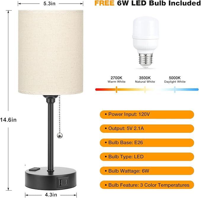 Beige Small Lamps 3 Levels Brightness - 3000K 4000K 5000K Bedside Lamps with USB C and A Ports, Pull Chain Table Lamps with AC Outlet, Nightstand Lamps with Black Metal Base for Bedroom Kids Reading - Bloomnest