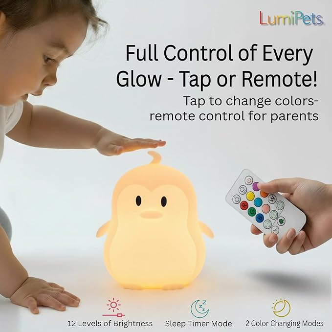 Lumipets Remote Control Silicone Night Light for Kids - Penguin Design with 9 Soft Colors & Sleep Timer - Rechargeable, Battery-Operated Lamp for Bedroom | Baby Nursery, Toddler, Girls, Boys - Bloomnest